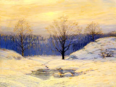 Impressionist oil painting of a snowy valley at sunset. Three bare trees stand among low, rolling snowdrifts, the tallest in the center. Behind them, a band of forest sits in deep blue and violet shadow. The sky and the snow glow pale gold and cream, and a small, partly frozen pool in the foreground reflects the light. Signed 'Leonard Ochtman, 1909' in the lower left corner.
